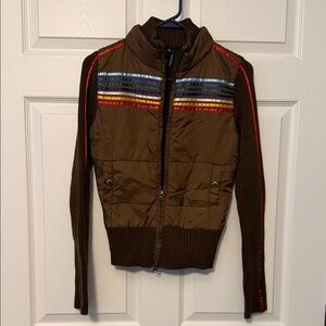 Takeout Brown Quilted Bomber Jacket with Multicolor Stripe Detail